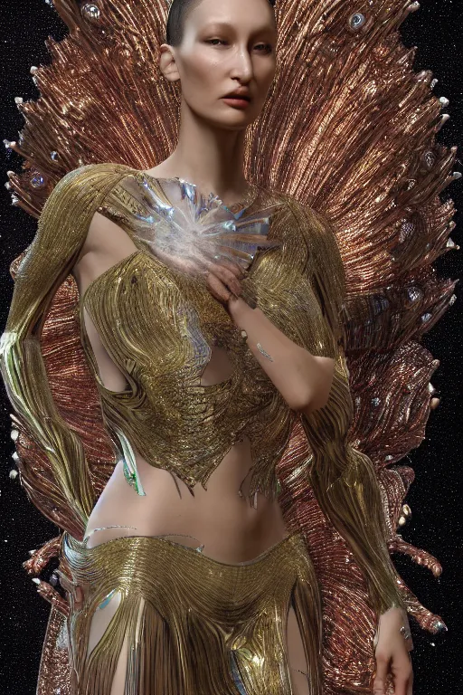 Image similar to a highly detailed metahuman 4 k render photo of an alien goddess bella hadid in iris van herpen dress schiaparelli in diamonds swarovski and jewelry in style of alphonse mucha gustav klimt trending on artstation made in unreal engine 4