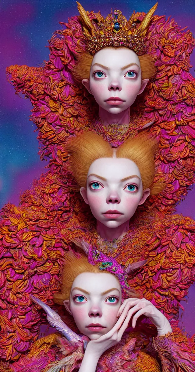 Image similar to hyper detailed 3d render like a Oil painting - kawaii portrait of ein Aurora (a beautiful skeksis muppet fae queen from dark crystal that looks like Anya Taylor-Joy) seen red carpet photoshoot in UVIVF posing in scaly dress to Eat of the Strangling network of yellowcake aerochrome and milky Fruit and His delicate Hands hold of gossamer polyp blossoms bring iridescent fungal flowers whose spores black the foolish stars by Jacek Yerka, Ilya Kuvshinov, Mariusz Lewandowski, Houdini algorithmic generative render, Abstract brush strokes, Masterpiece, Edward Hopper and James Gilleard, Zdzislaw Beksinski, Mark Ryden, Wolfgang Lettl, hints of Yayoi Kasuma and Dr. Seuss, octane render, 8k