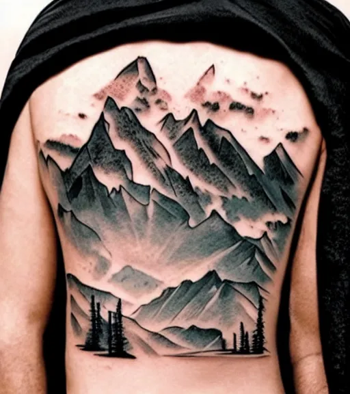 Prompt: creative double exposure effect tattoo design sketch of margot and beautiful mountains and nature, mountain scenery, realism tattoo, in the style of matteo pasqualin, amazing detail, sharp