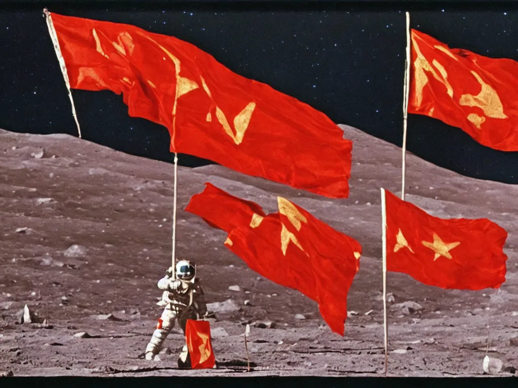 Prompt: Soviet flag on the moon, 1969