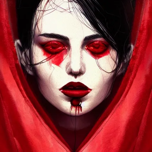 Image similar to lips sewn shut surrounded by red curtains by Conrad Roset and Nicola Samuri, close-up shot, rule of thirds, seductive look, beautiful, intricate, dystopian, sci-fi, extremely detailed, digital painting, artstation, concept art, smooth, sharp focus, illustration, intimidating lighting, incredible art, details visible, very dark ambiance