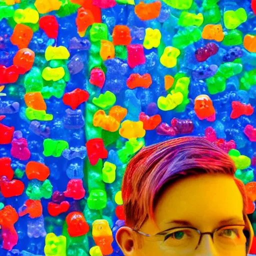 Prompt: a human head sculpture made out of thousands of gummy bears on the surface of the ocean, giant sculpture, in the style of chad knight, long shot, hyper detailed, hyper realistic, ray tracing, 8 k resolution, sharp focus, realistic water, award winning