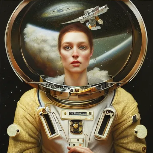 Image similar to highly detailed oil painting | very intricate | cinematic lighting | award - winning | astronaut space fashion by alexander mcqueen | by roberto ferri, by tom bagshaw, by j. c. j leyendecker and klimt, american romanticism, by austin osman spare, artstation, cgsociety, official art, octane