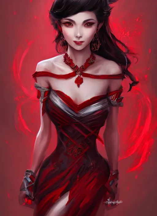 Image similar to a highly detailed illustration of hime cut black haired woman wearing red dress, dramatic smiling pose, intricate, elegant, highly detailed, centered, digital painting, artstation, concept art, smooth, sharp focus, league of legends concept art, wlop