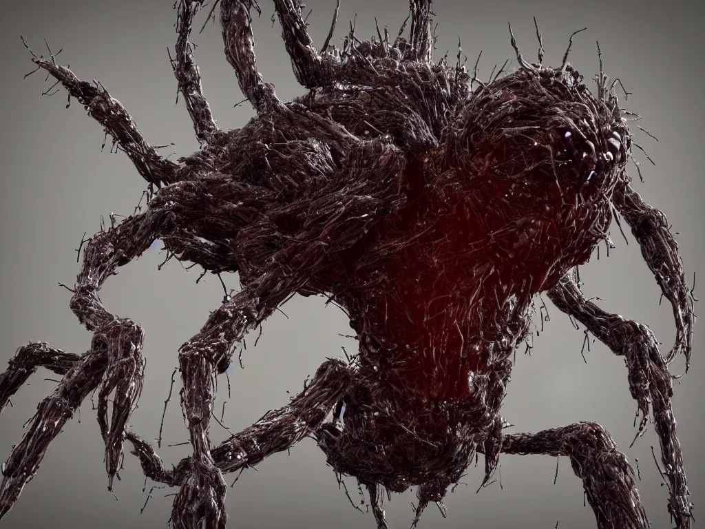 Image similar to Techno-biological iron-meat cat spider. Consisting of tumors, fur, veins, guts, long spider paws, kidneys, wires, shafts. The head is made of mechanisms and a fanged maw. Bodyhorror, biopunk, extremely high detail, ultra realistic, photorealism, concept art, octane render, view from a distance, 8k, 16k