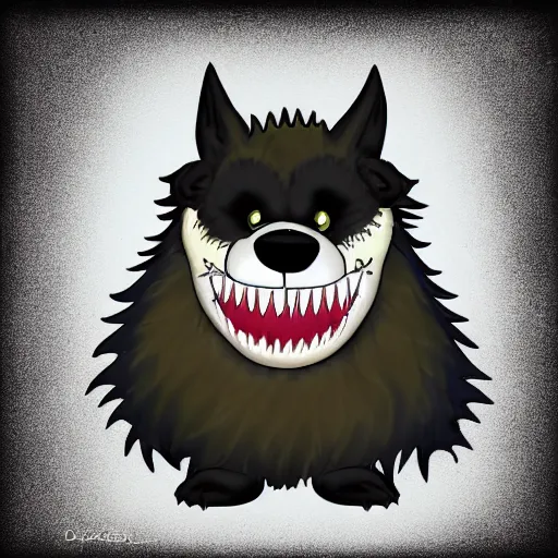 Prompt: A big fluffy monster with dark fur and sharp teeth, cartoon drawing, digital art