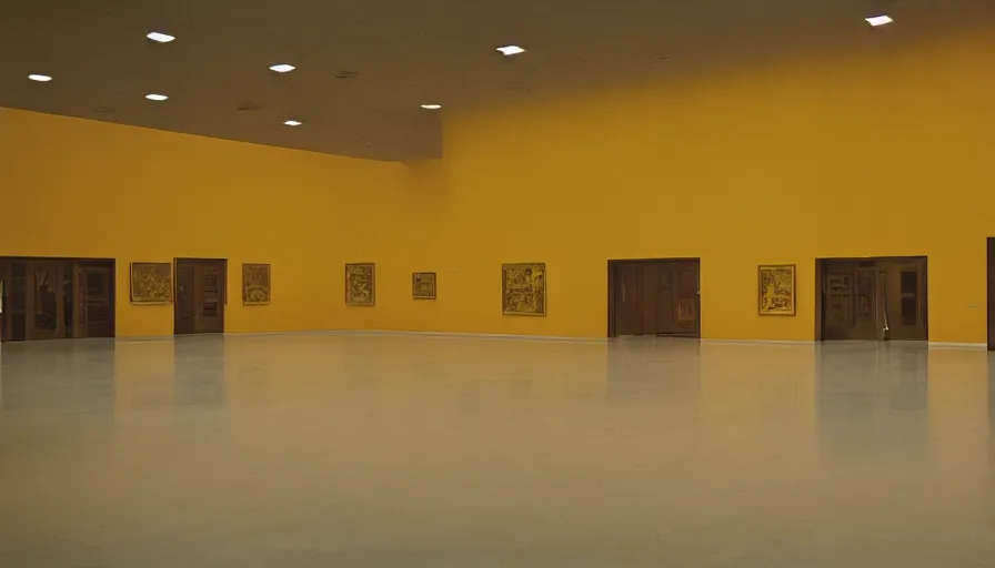 Image similar to 60s movie still of a sovietic stalinist style empty art museum with a soviet congress with yellow wall, by diy redscale, liminal Space style, heavy grain