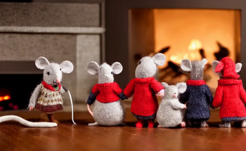 Image similar to a mouse family sitting in front of a cozy christmas fireplace wearing woolen sweater, cinematic lighting, dark atmosphere