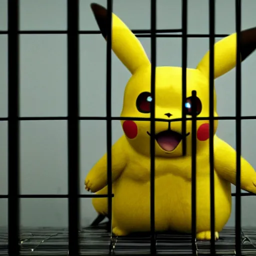 Prompt: stunning awe inspiring pikachu inside a cage with a sad look on its face, movie still 8 k hdr atmospheric lighting