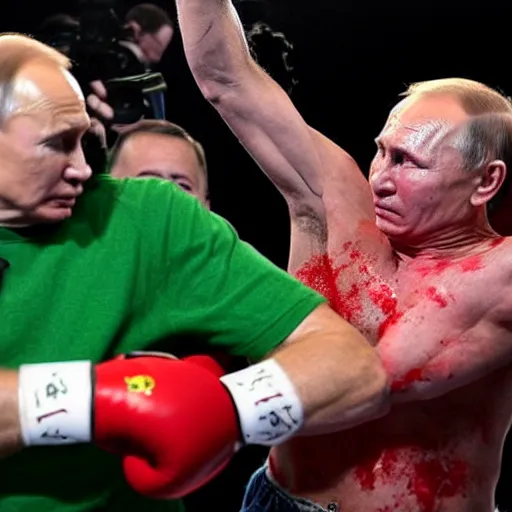 Prompt: Putin knocks out Joe Biden with heavy red boxing gloves in a green jungle. reporters take flash photographs of the blood soaked canvas