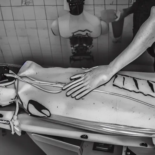 Prompt: photo of an autopsy on spongebob, black and white, wide angle