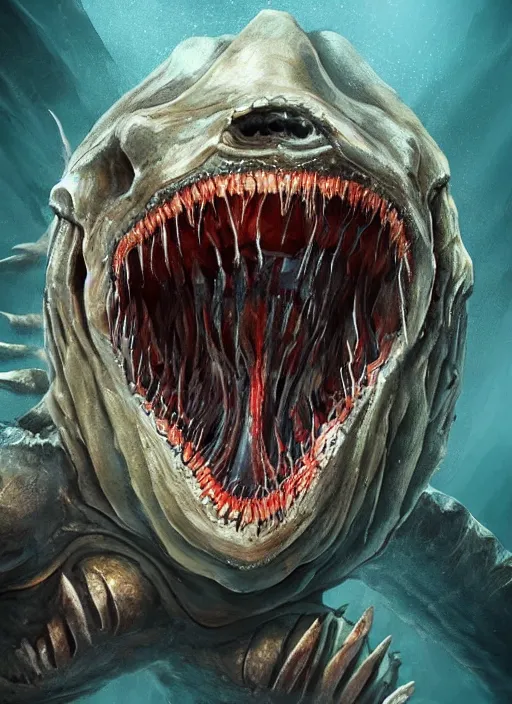 Prompt: terrifying sea creature, big teeth, ominous, scary, horror, realistic, digital art, photorealism, trending on artstation