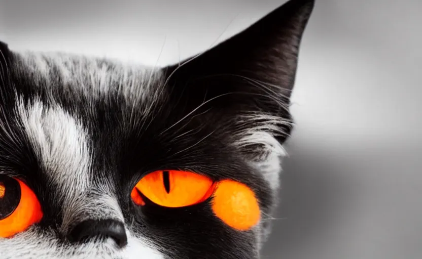 Image similar to A black cat with red eye in one eye and orange eye in another, incredible cinematic studio lightning, 4k