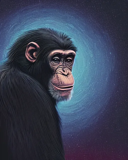 Prompt: very detailed high resolution illustration of a mystical chimpanzee, backlit, stars, night, surrounded, 3 d, 8 k, extremely detailed, artstation, award winning