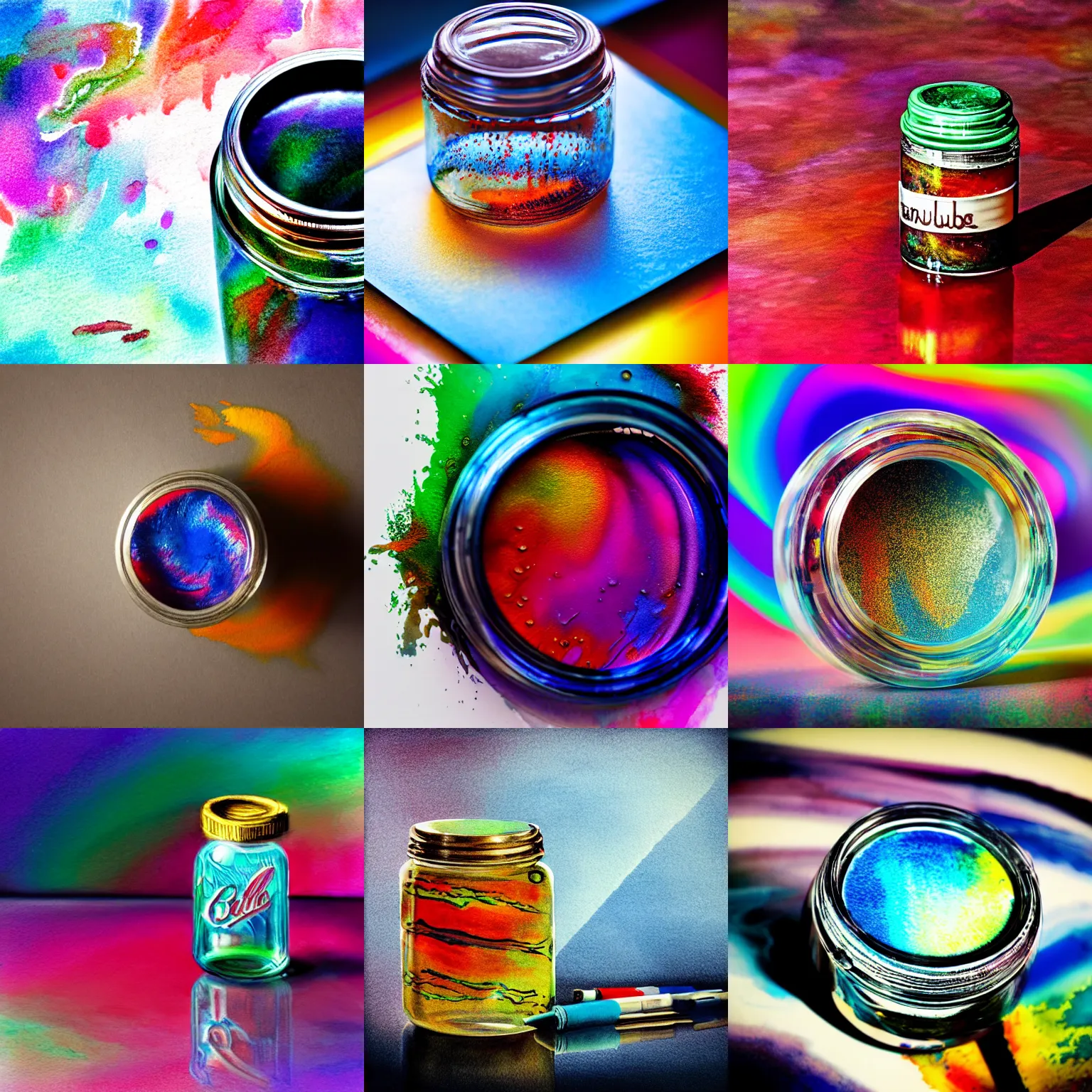 Prompt: airbrush of sealed jar of swirling ink shimmering on a desk near colorful octupus, dramatic afternoon lighting, intense watercolor, heavy metal, tilt shift, photo realistic, by moebius