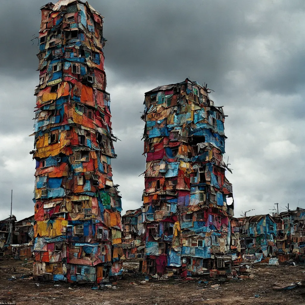 Image similar to close - up view of a tower made up of colourful makeshift squatter shacks with bleached colours, moody cloudy sky, dystopia, mamiya, very detailed, photographed by bruno barbey