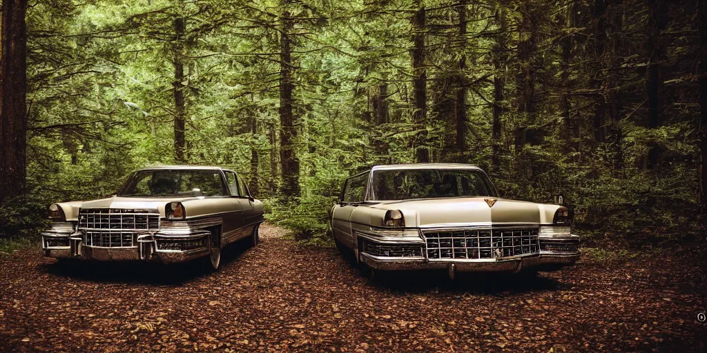 Image similar to a beautiful widescreen photo of a old cadillac in a dark forest, with a old laughing happy old man with long hair, long beard, in a dark forest low light, by dimitri mellos