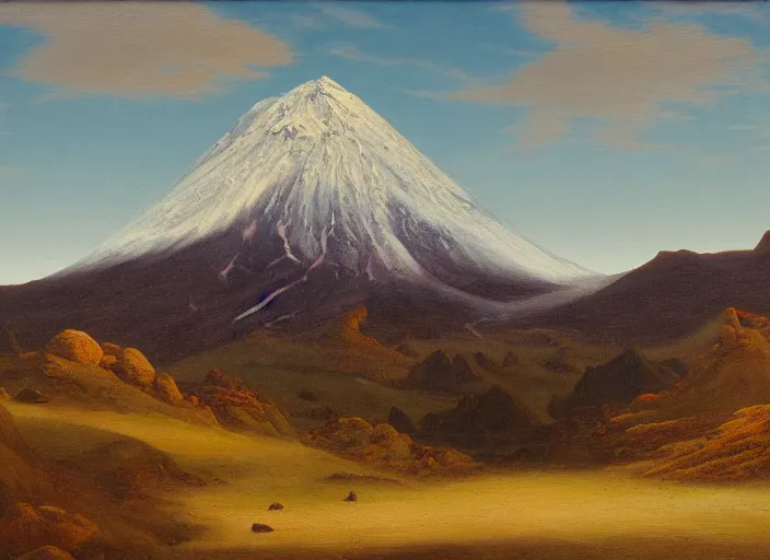 Prompt: mt. ruapehu, new zealand in the style of hudson river school of art, oil on canvas