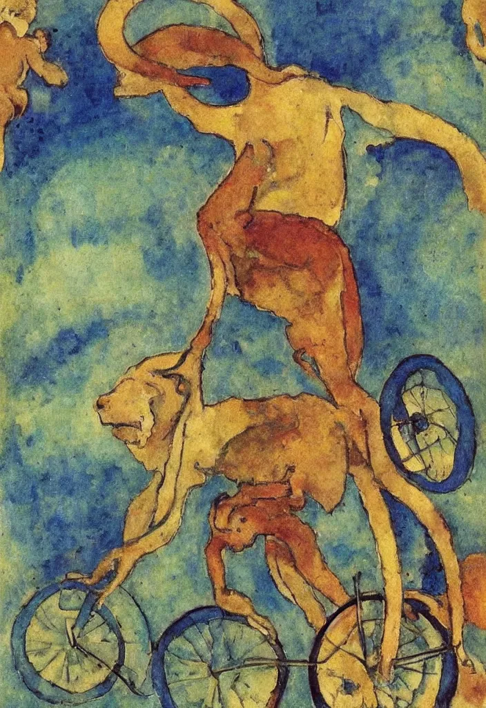 Image similar to a monkey riding a unicycle, Gustav Klimpt, color painterly