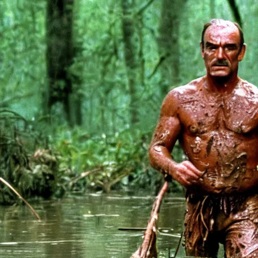 Prompt: cinematic still of sean connery, covered in mud and watching a predator in a swamp in 1 9 8 7 movie predator, hd, 4 k