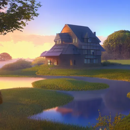 Image similar to a serene landscape with a singular building near a lake at sunrise ， pixar style ， ghibli studio anime style ， 8 k hdr ， octane render ， unreal engine ， - w 1 0 2 4