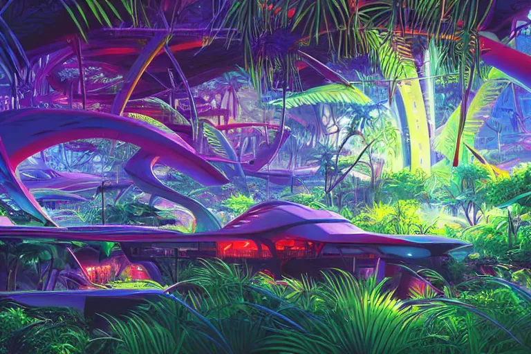 Prompt: retro futuristic jungle, DNA bio experiment, colourful futuristic landcape, neon bright lights, sci-fi concept art, by Studio Ghibli and Syd Mead, highly detailed vegetation, airbrush,