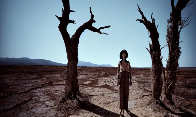 Image similar to medium shot of a nondescript crying ancient dried up Danu, peaceful, facing the camera and standing in front of a dried up river in a desolate land, dead trees, blue sky, hot and sunny, highly-detailed, elegant, dramatic lighting, artstation, 4k, cinematic landscape, photograph by Elisabeth Gadd