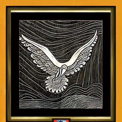 Prompt: a bird rising above the flames, mexican folk art, native american folk art, relief engraving, framed art, simple, deep black shading, mild expressionism, award winning