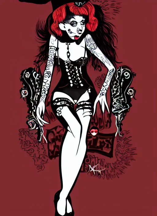 Prompt: goth girl burlesque psychobilly punk with a black background, drawing, illustration