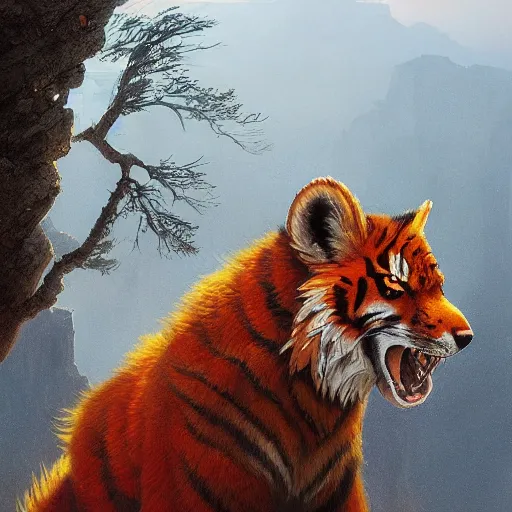 Prompt: Red Tiger Tiger Fox Beast Chimera Hybrid collar wearing feather crest paws tail eyes furry fuzzy standing atop grand canyon greg rutkowski greg danton tony sart raymond swanland chris foss chris cold christophe norman rockwell young acrylic 4k artstation wikiart wikipedia realism tilt-shift aspca national geographic