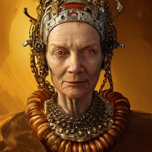 Image similar to portrait, headshot, digital painting, of a old 17th century, old cyborg female merchant, amber jewels, baroque, ornate clothing, scifi, realistic, hyperdetailed, chiaroscuro, concept art, art by Franz Hals and Jon Foster