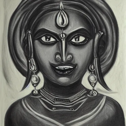 Image similar to depiction of the goddess Kali, Chiaroscuro art, charcoal