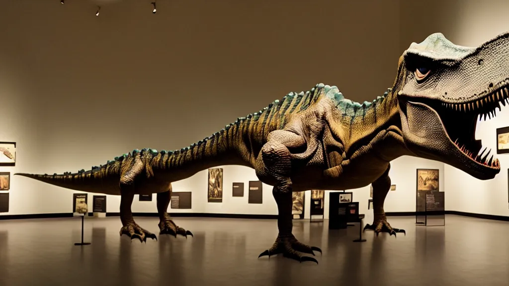 Prompt: a dinosaur relaxing at a museum, film still from the movie directed by Denis Villeneuve with art direction by Salvador Dalí, wide lens