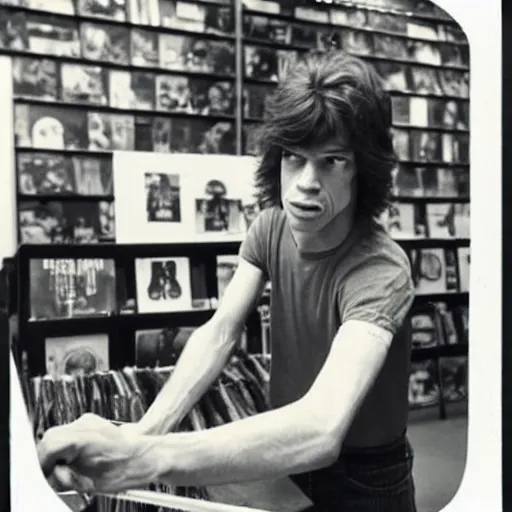 Image similar to mick jagger working in a record store in 1 9 6 9, polaroid photo, artistic, realistic, snapshot