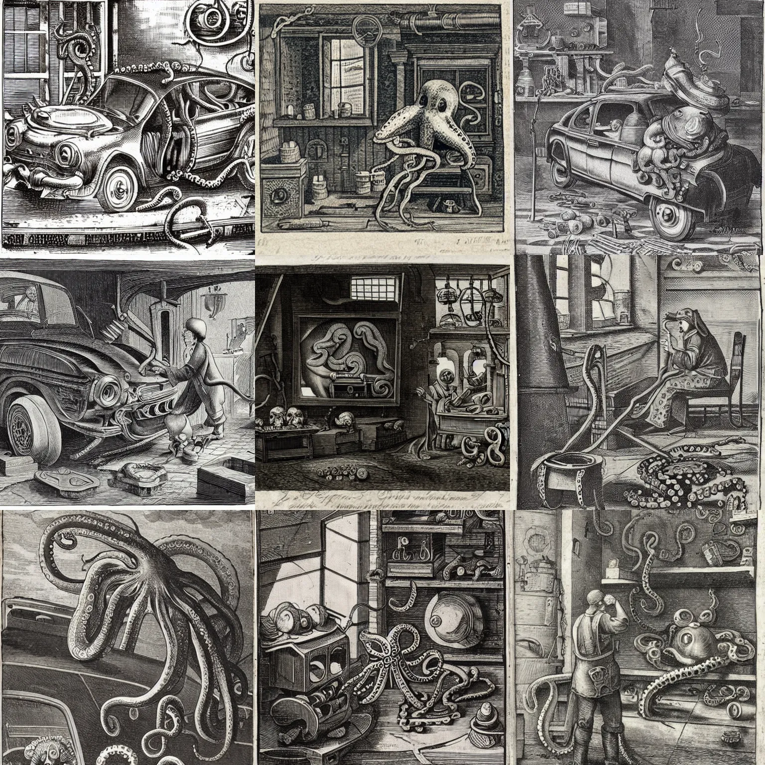 Prompt: an octopus in a car repair shop, engraving, 1 7 th century