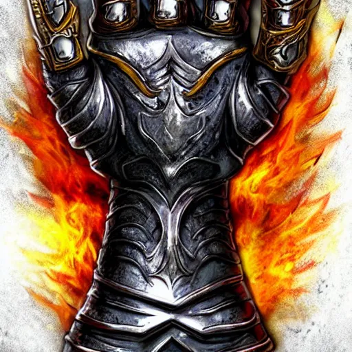 Image similar to warrior Gauntlet fist, war theme gauntlet fist, fantasy gauntlet of warrior, armored gauntlet fist, fiery coloring, epic fantasy style art, fantasy epic digital art, epic fantasy weapon art