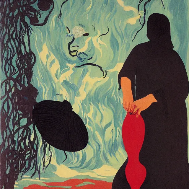 Image similar to tall emo female artist holding a large fish in her flooded kitchen, pomegranates, octopus, water gushing from ceiling, painting of flood waters inside an artist's apartment, a river flooding indoors, ikebana, zen, rapids, waterfall, black swans, canoe, berries, acrylic on canvas, surrealist, by magritte and monet