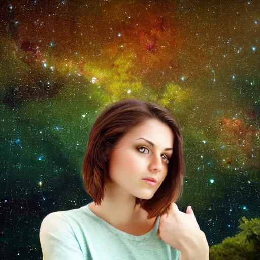 Image similar to an hd photo of a young woman with short brown hair and green eyes, beautiful trees in the background, night sky with stars and galaxies, trending on artstation