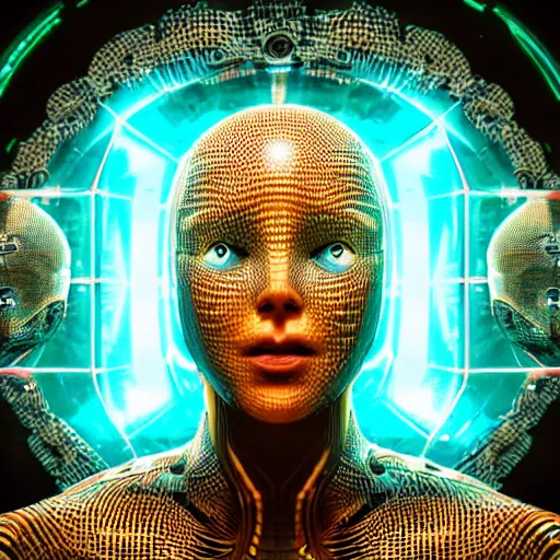 Image similar to an insanely detailed cibernetic artwork of a futuristic artificial intelligence superstar, extremely detailed water texture, centered image, perfectly symmetrical alien face, with frames made of detailed fractals, octane render, 4k, insanely detailed, detailed grid as background, photorealistic digital art, sunset colors, cgi