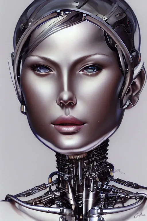 Image similar to a portrait of a gynoid with mechanical part by Hajime Sorayama, highly detailed, trending on artstation