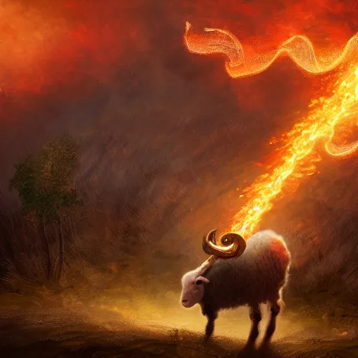 Image similar to ram horned catholic lamb brings fire down from the sky, medieval style, trending on artstation, highly detailed, digital painting, volumetric light, concept art, sharp focus, illustration