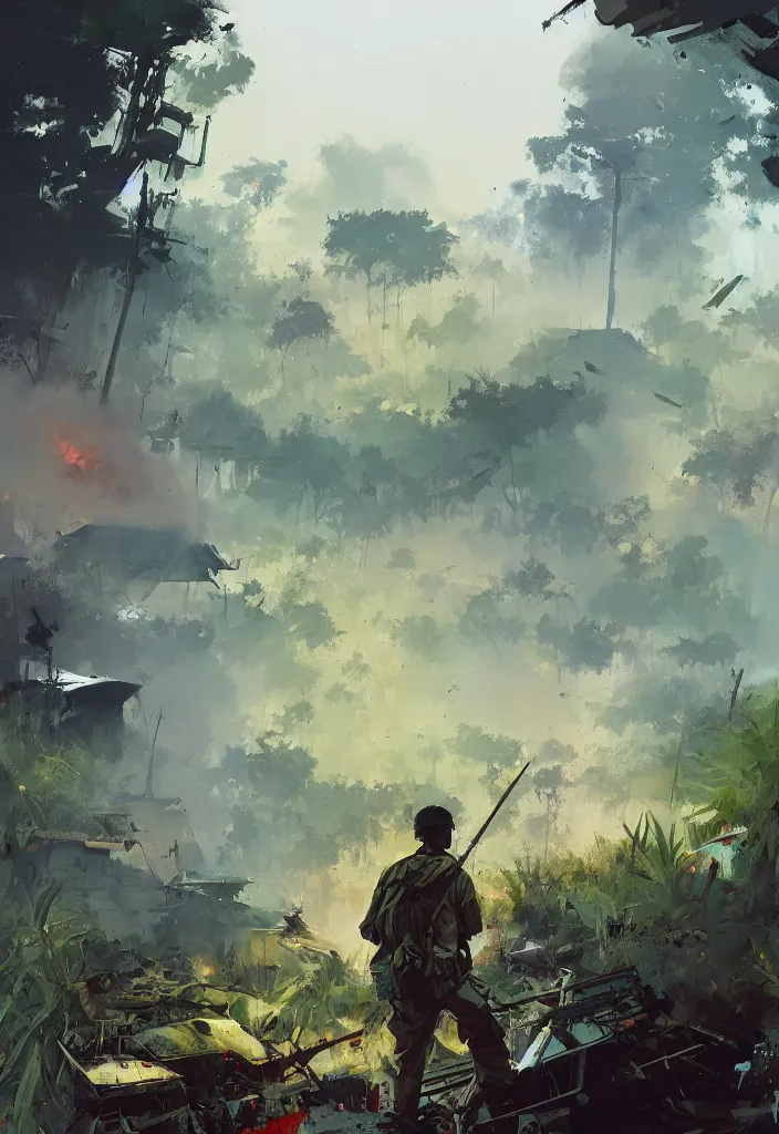 Image similar to ismail inceoglu painting of vietnam war scenary, year 1 9 7 0, jungle, fire smoke and explosions, painting, line art, art concept for a book cover, trending on artstation, by greg manchess and by craig mullins and by kilian eng and by jake parker