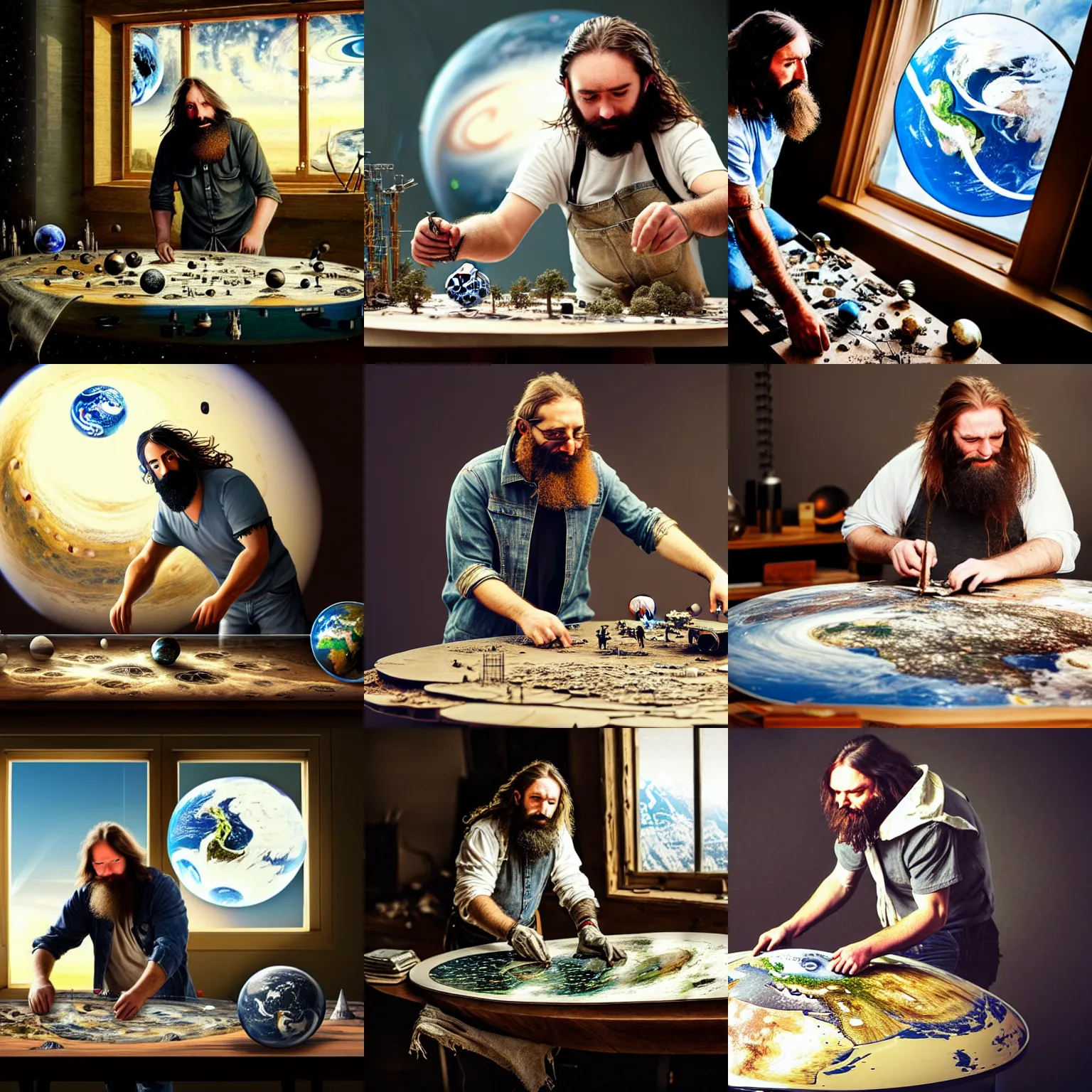 Prompt: a bearded man with long hair and in torn clothes is repairing a model of the planet earth on a table with other planets, planet earth lies on the table, space in the open window, futurism, cyberpunk, steampunk, hyper realism, ultra details