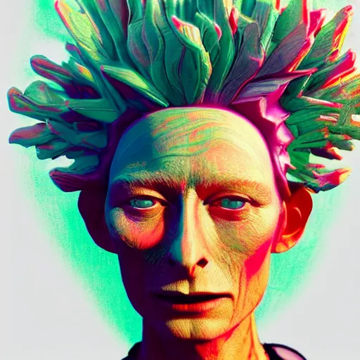 Image similar to a realistic octane render physically based rendering punk neon tilda swinton, trending on artstation, by archan nair and marlene dumas, intricate details, flowers, in the style of frank auerbach, in the style of martin ansin, in the style of david aja, by kandinsky