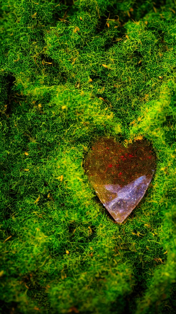 Image similar to macro photo of moss, a crystal heart is laying on the moss, light rays are coming through the leaves above, god rays, beautiful award winning macro photography, trending on artstation