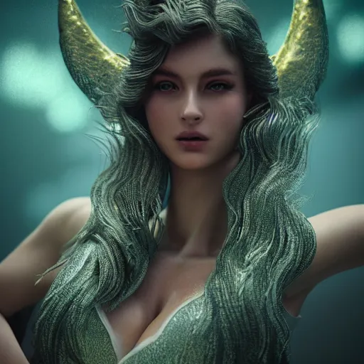 Image similar to full body pose, hyperrealistic photograph of a beautiful siren woman, dim volumetric lighting, 8 k, octane beautifully detailed render, extremely hyper detailed, intricate, epic composition, cinematic lighting, masterpiece, trending on artstation, very very detailed, stunning, hdr, smooth, sharp focus, high resolution, award, winning photo, dslr, 5 0 mm