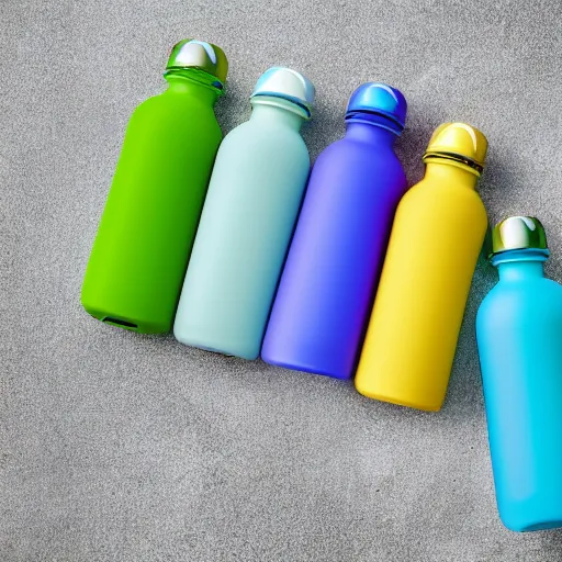 Image similar to apple style advertisement of a water bottle light green, light blue, light yellow, light purple