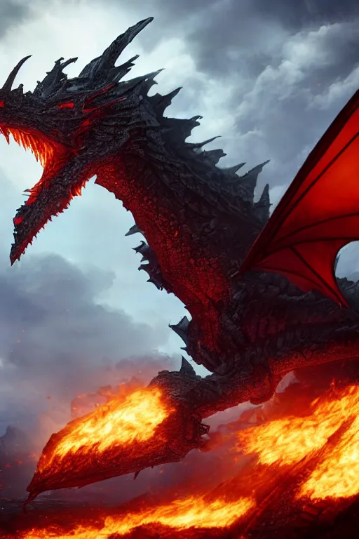 Prompt: a menacing ironclad dragon, breathing fire, highly detailed, 8 k