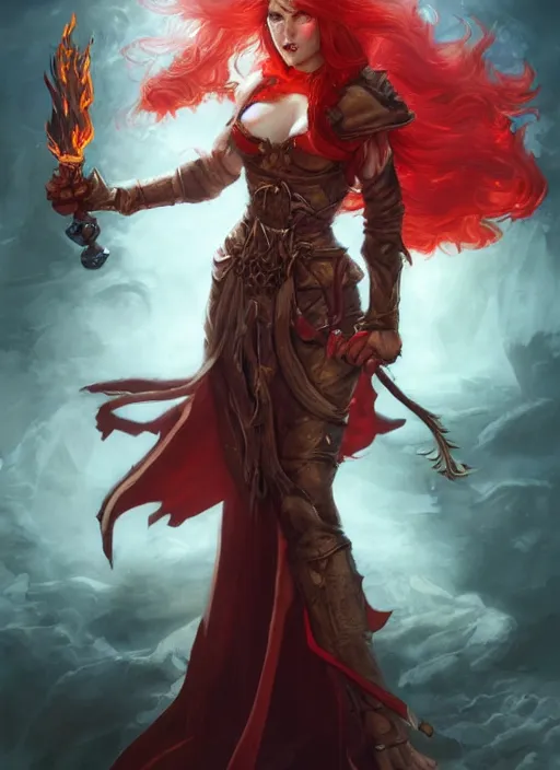 Prompt: beautiful female sorceress with red hair, wielding fireballs in her hands, cloak, charming, DnD character art portrait, matte fantasy painting, DeviantArt Artstation, by Jason Felix by Steve Argyle by Tyler Jacobson by Peter Mohrbacher, cinema