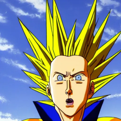 Prompt: christopher walken super saiyan, yellow aura, yellow spiky hair, blue sky and clouds in background